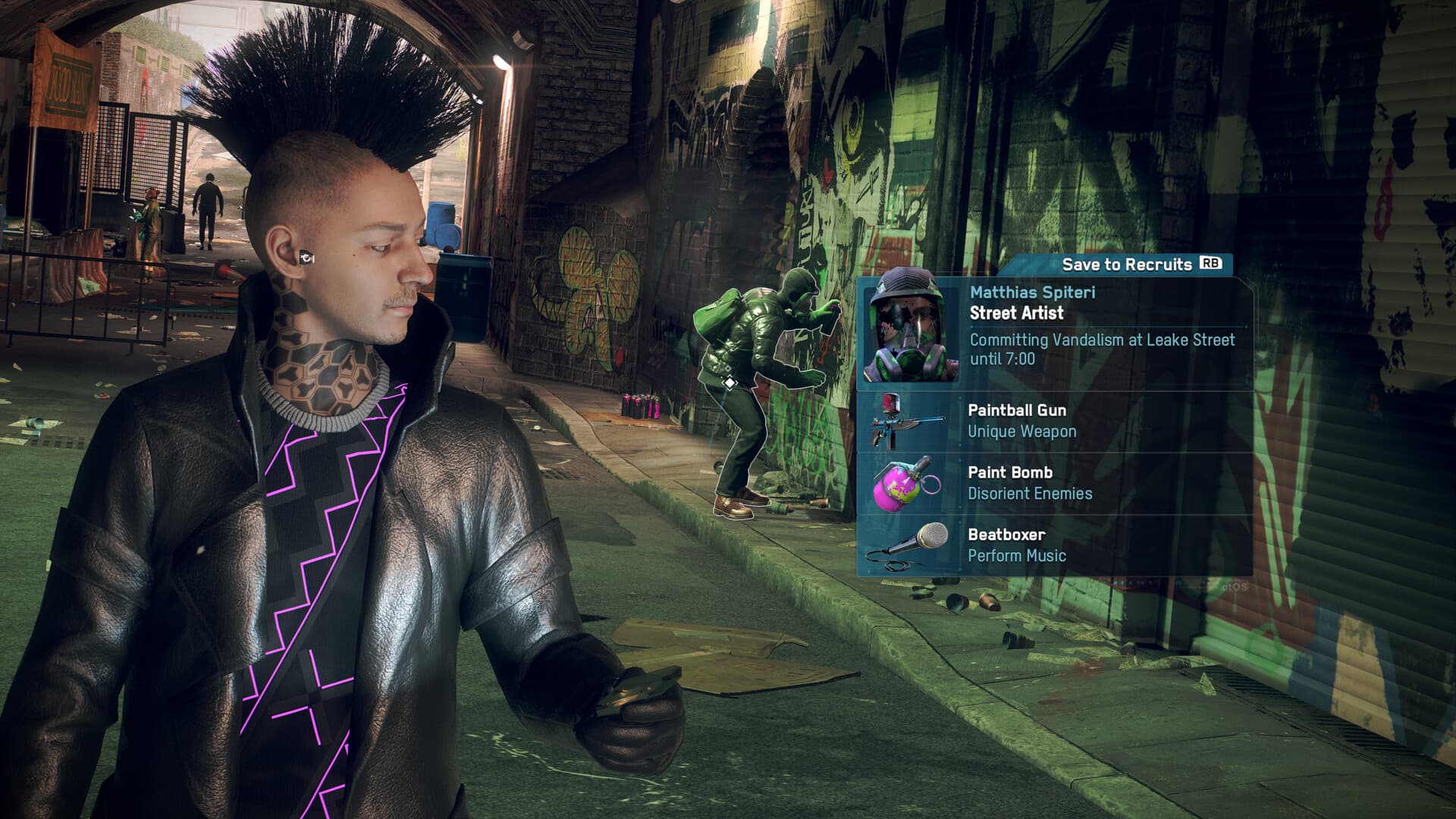 Watch Dogs®: Legion : deux personnages se tiennent près d’une interface de profil et de missions.