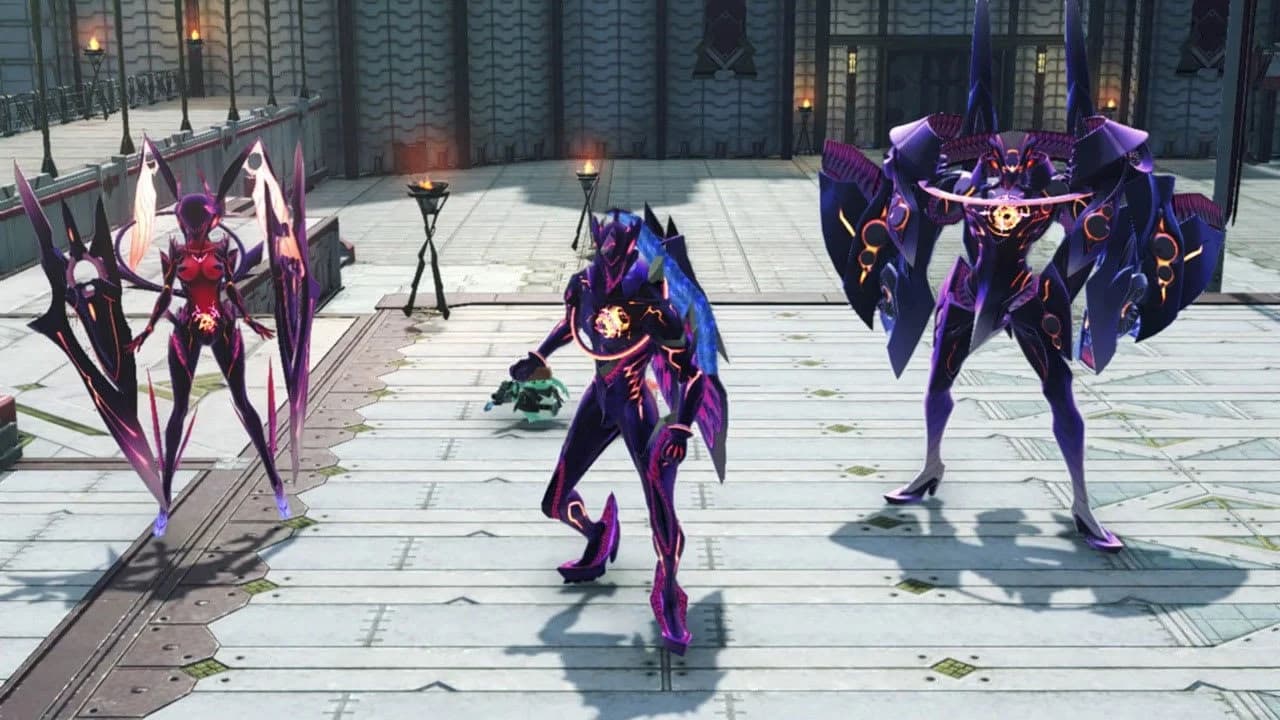 Xenoblade Chronicles 3 — Gepanzerte Kämpfer stehen sich auf einem steinernen Platz gegenüber.