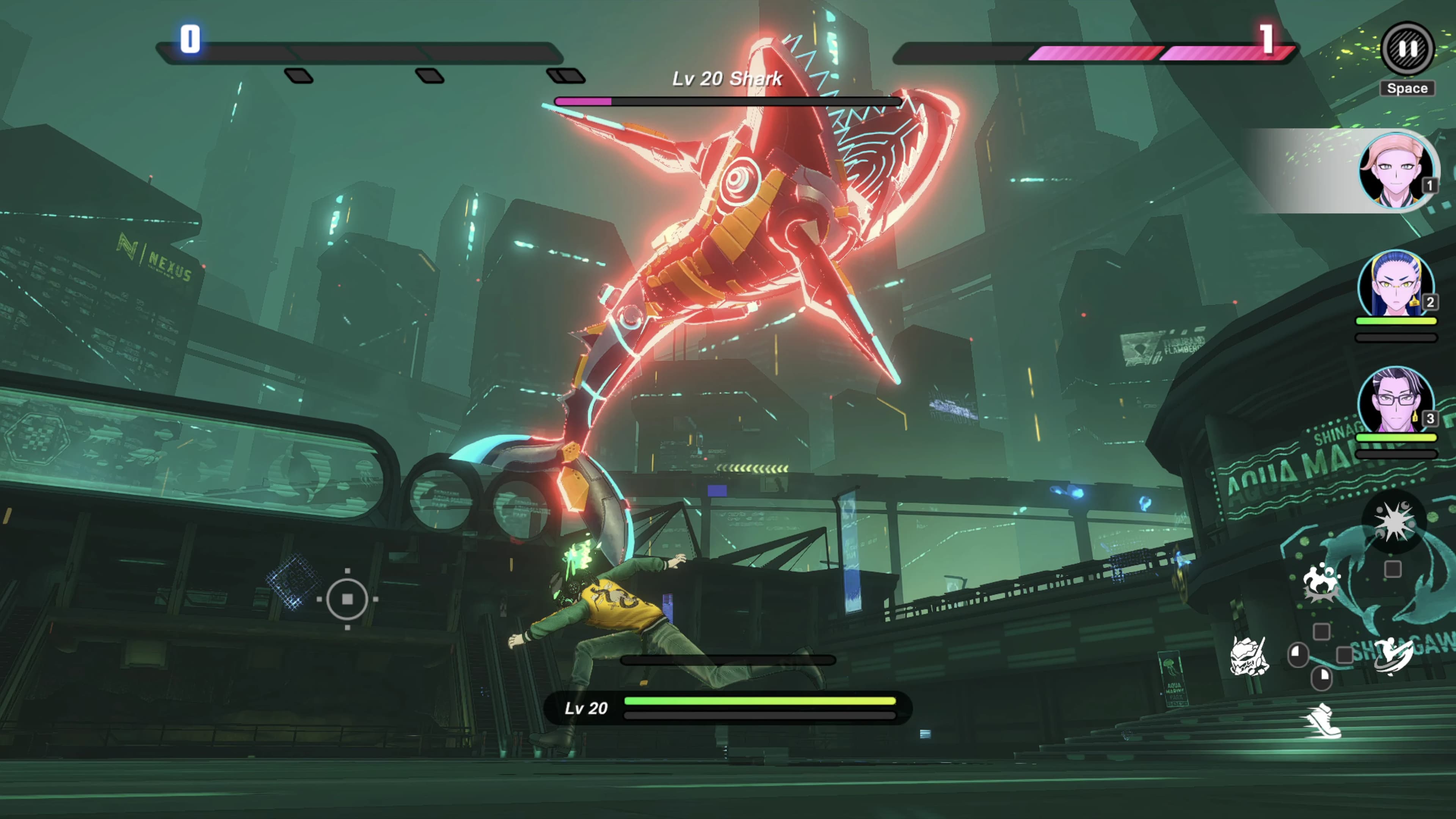 ネオンのアリーナでプレイヤーキャラクターが光る機械仕掛けのサメに飛びかかり、サメの体力ゲージ、パーティーの顔アイコン、攻撃操作が表示されている。