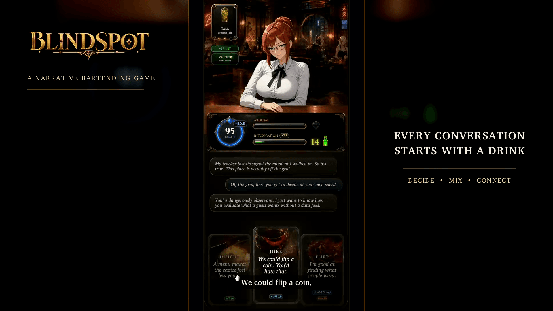 Demo de Blindspot: Voss en la barra con los indicadores Guard, Arousal e Intoxication.